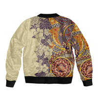 Polynesia Sleeve Zip Bomber Jacket Hibiscus and Hawaiian Tribal Tattoo Retro Style Tan Color LT9 - Polynesian Pride
