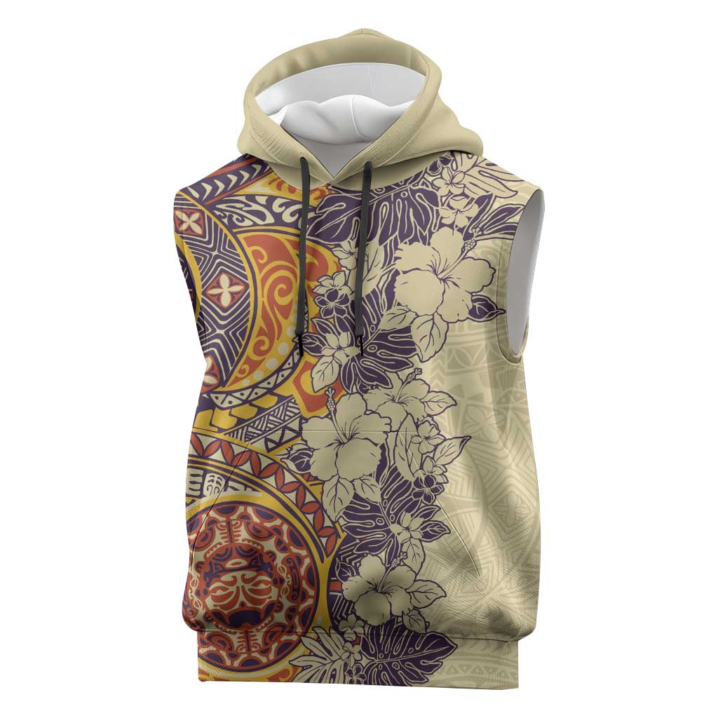 Polynesia Sleeveless Hoodie Hibiscus Hawaiian Tribal Tattoo Retro Tan - Polynesian Pride