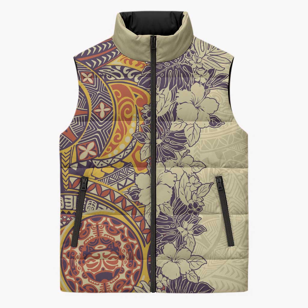Polynesia Sleeveless Puffer Jacket Hibiscus Hawaiian Tribal Tattoo Retro Tan - Polynesian Pride