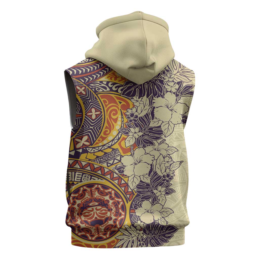 Polynesia Sleeveless Zip Hoodie Hibiscus Hawaiian Tribal Tattoo Retro Tan - Polynesian Pride