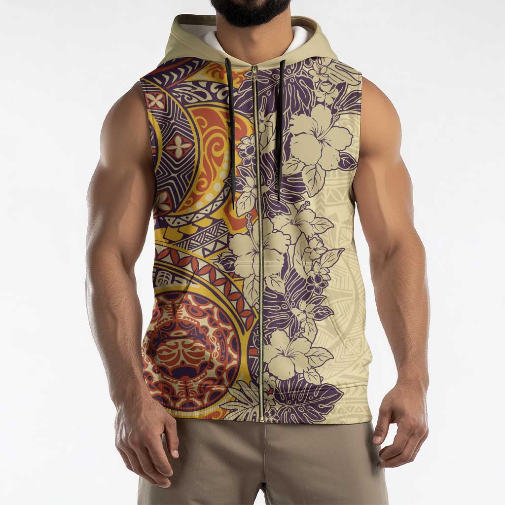 Polynesia Sleeveless Zip Hoodie Hibiscus Hawaiian Tribal Tattoo Retro Tan - Polynesian Pride