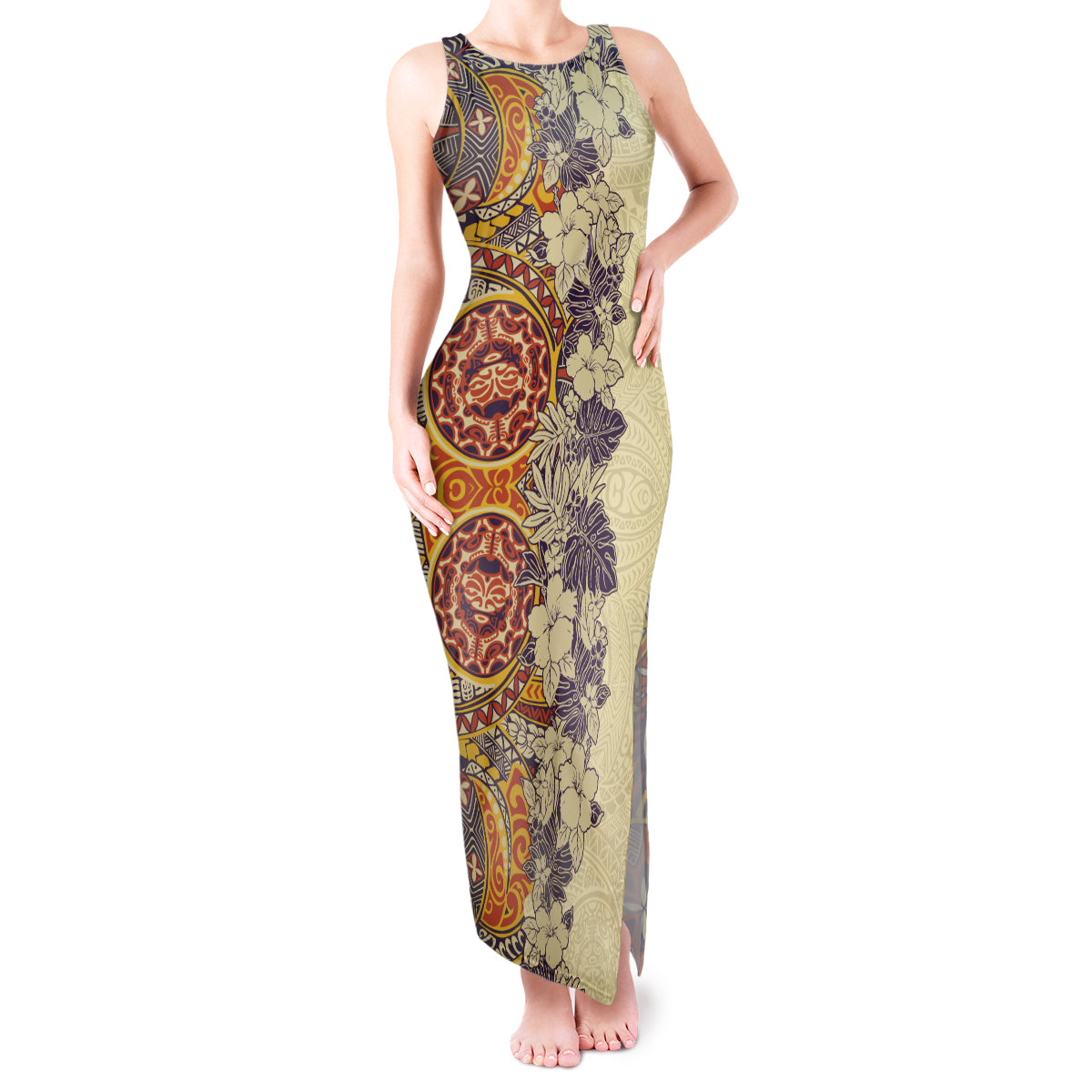 Polynesia Tank Maxi Dress Hibiscus and Hawaiian Tribal Tattoo Retro Style Tan Color LT9 Women Tan - Polynesian Pride