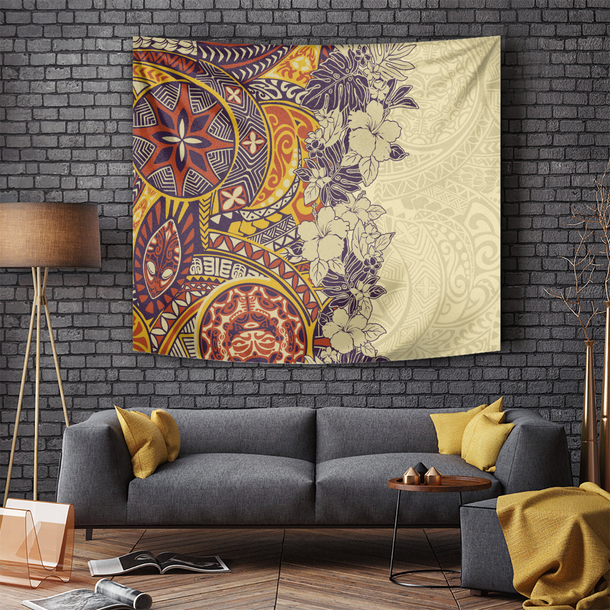 Polynesia Tapestry Hibiscus and Hawaiian Tribal Tattoo Retro Style Tan Color LT9 Tan - Polynesian Pride