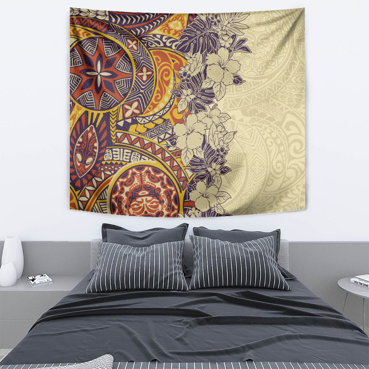 Polynesia Tapestry Hibiscus and Hawaiian Tribal Tattoo Retro Style Tan Color LT9 - Polynesian Pride