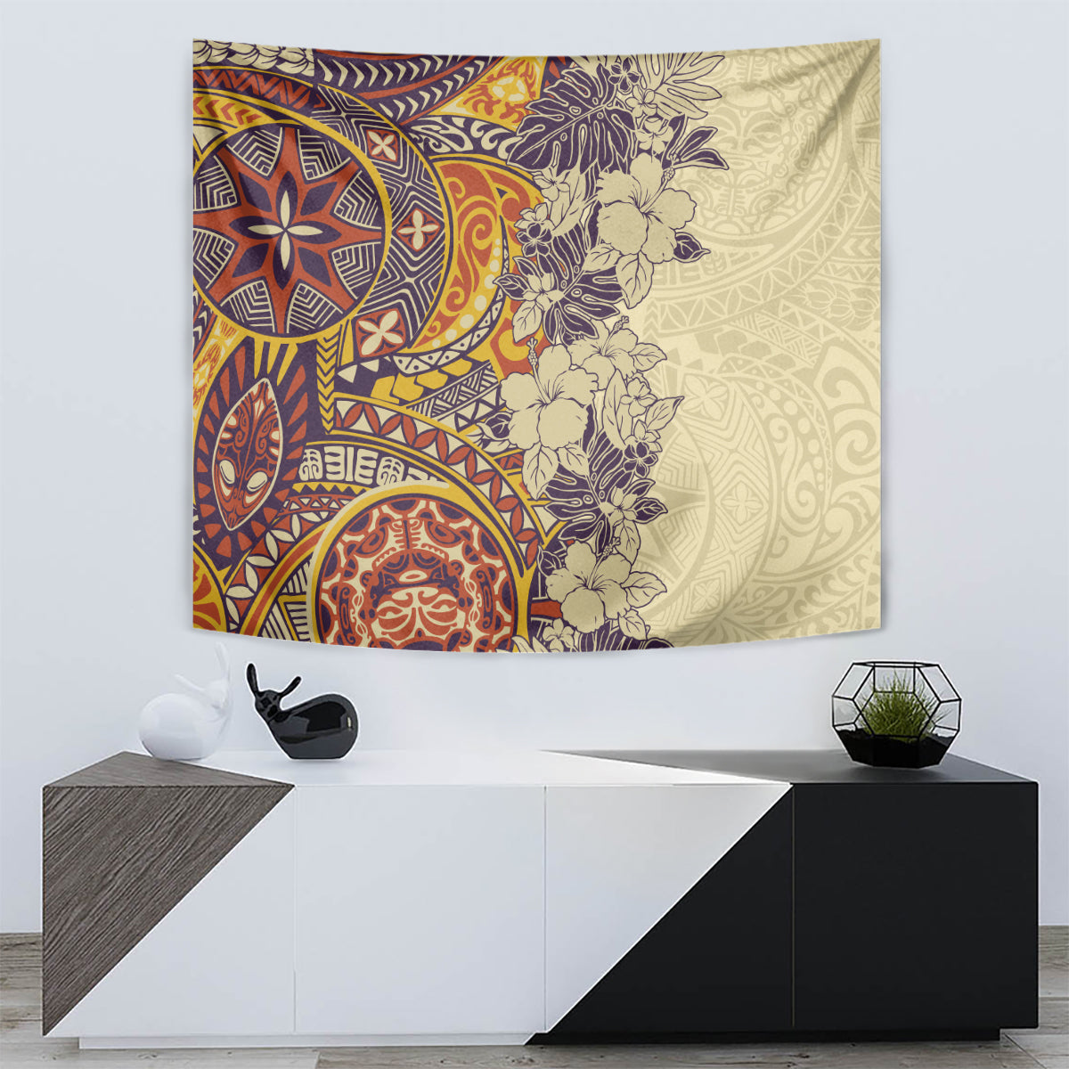 Polynesia Tapestry Hibiscus and Hawaiian Tribal Tattoo Retro Style Tan Color LT9 - Polynesian Pride