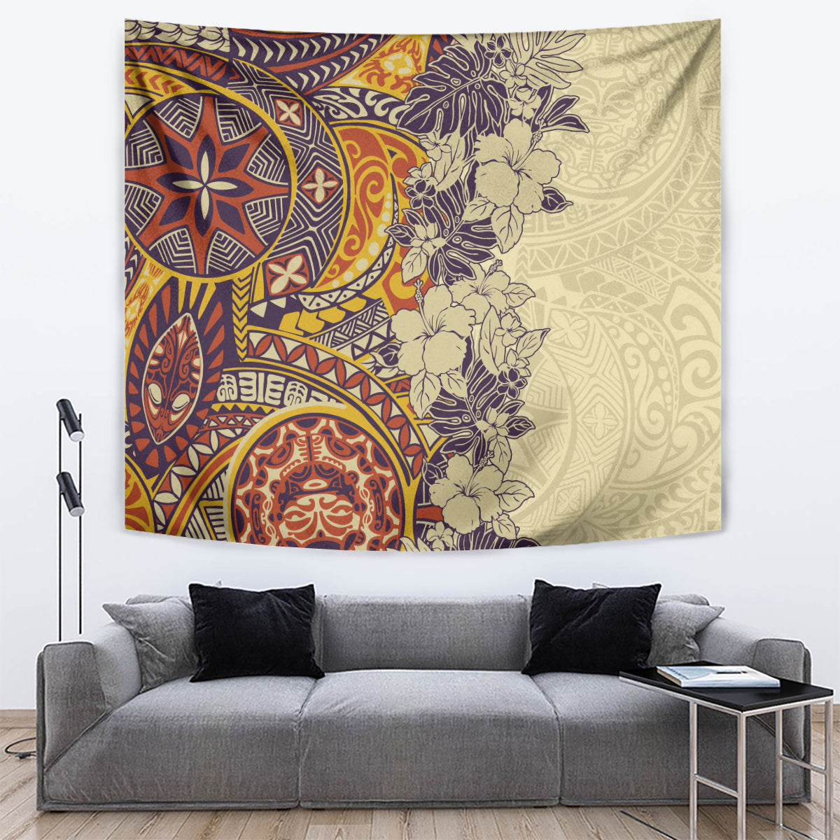 Polynesia Tapestry Hibiscus and Hawaiian Tribal Tattoo Retro Style Tan Color LT9 - Polynesian Pride