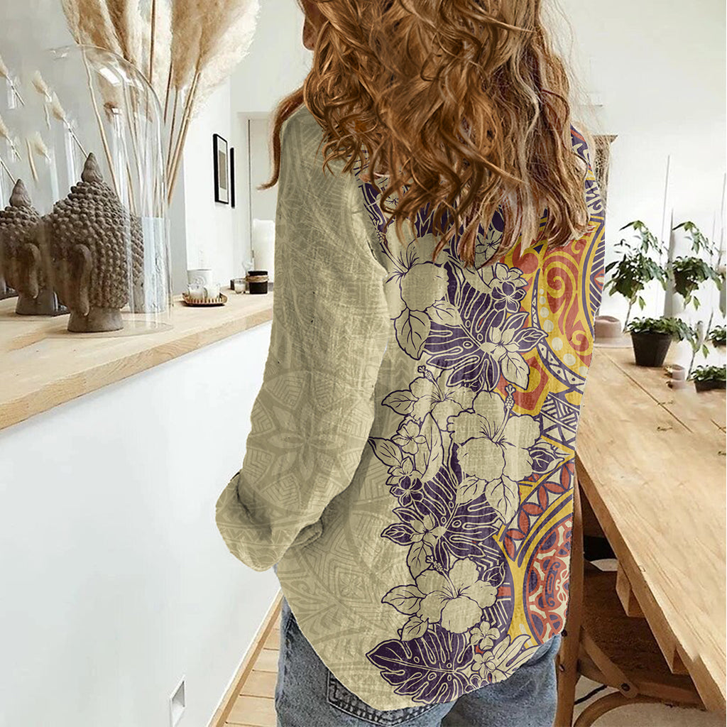Polynesia Women Casual Shirt Hibiscus and Hawaiian Tribal Tattoo Retro Style Tan Color LT9 - Polynesian Pride