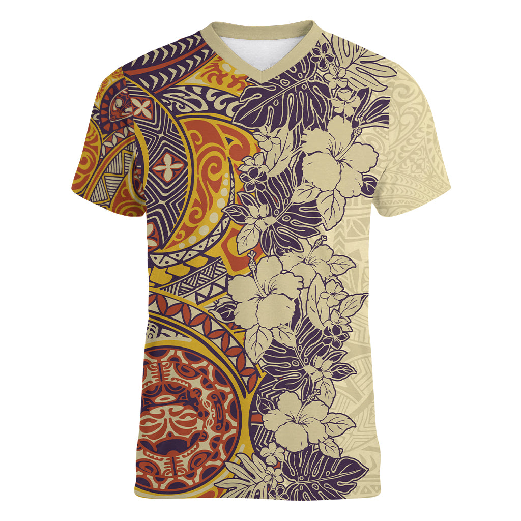 Polynesia Women V Neck T Shirt Hibiscus and Hawaiian Tribal Tattoo Retro Style Tan Color LT9 Female Tan - Polynesian Pride