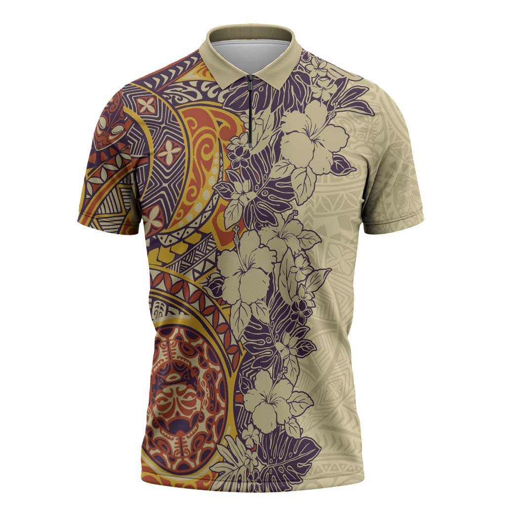 Polynesia Zipper Polo Shirt Hibiscus Hawaiian Tribal Tattoo Retro Tan - Polynesian Pride