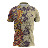 Polynesia Zipper Polo Shirt Hibiscus Hawaiian Tribal Tattoo Retro Tan - Polynesian Pride