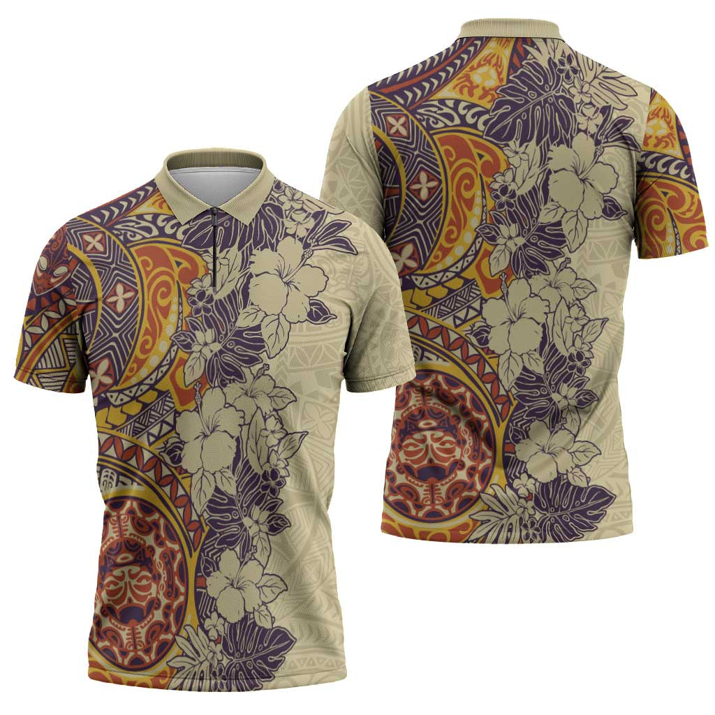 Polynesia Zipper Polo Shirt Hibiscus Hawaiian Tribal Tattoo Retro Tan - Polynesian Pride