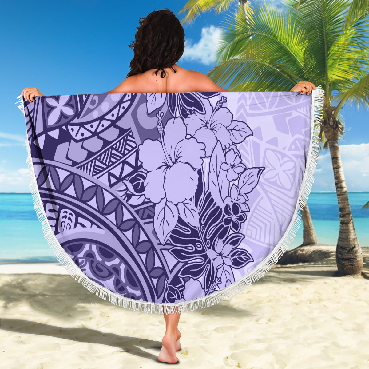 Polynesia Beach Blanket Hibiscus and Hawaiian Tribal Tattoo Retro Style Violet Color LT9 - Polynesian Pride