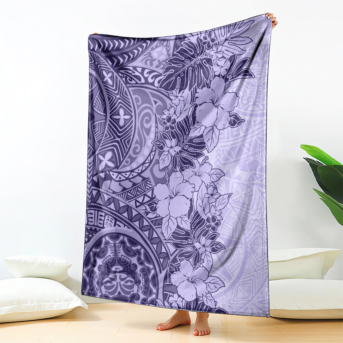 Polynesia Blanket Hibiscus and Hawaiian Tribal Tattoo Retro Style Violet Color LT9 Violet - Polynesian Pride