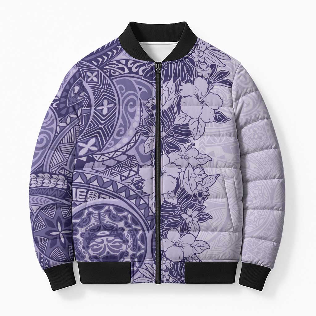 Polynesia Bomber Puffer Jacket Hibiscus Hawaiian Tribal Tattoo Retro Violet - Polynesian Pride