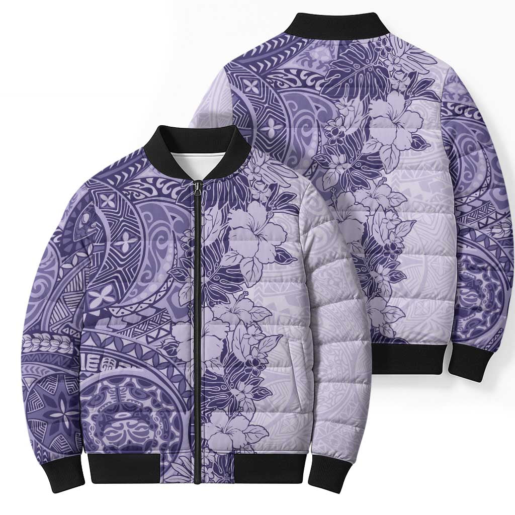 Polynesia Bomber Puffer Jacket Hibiscus Hawaiian Tribal Tattoo Retro Violet - Polynesian Pride