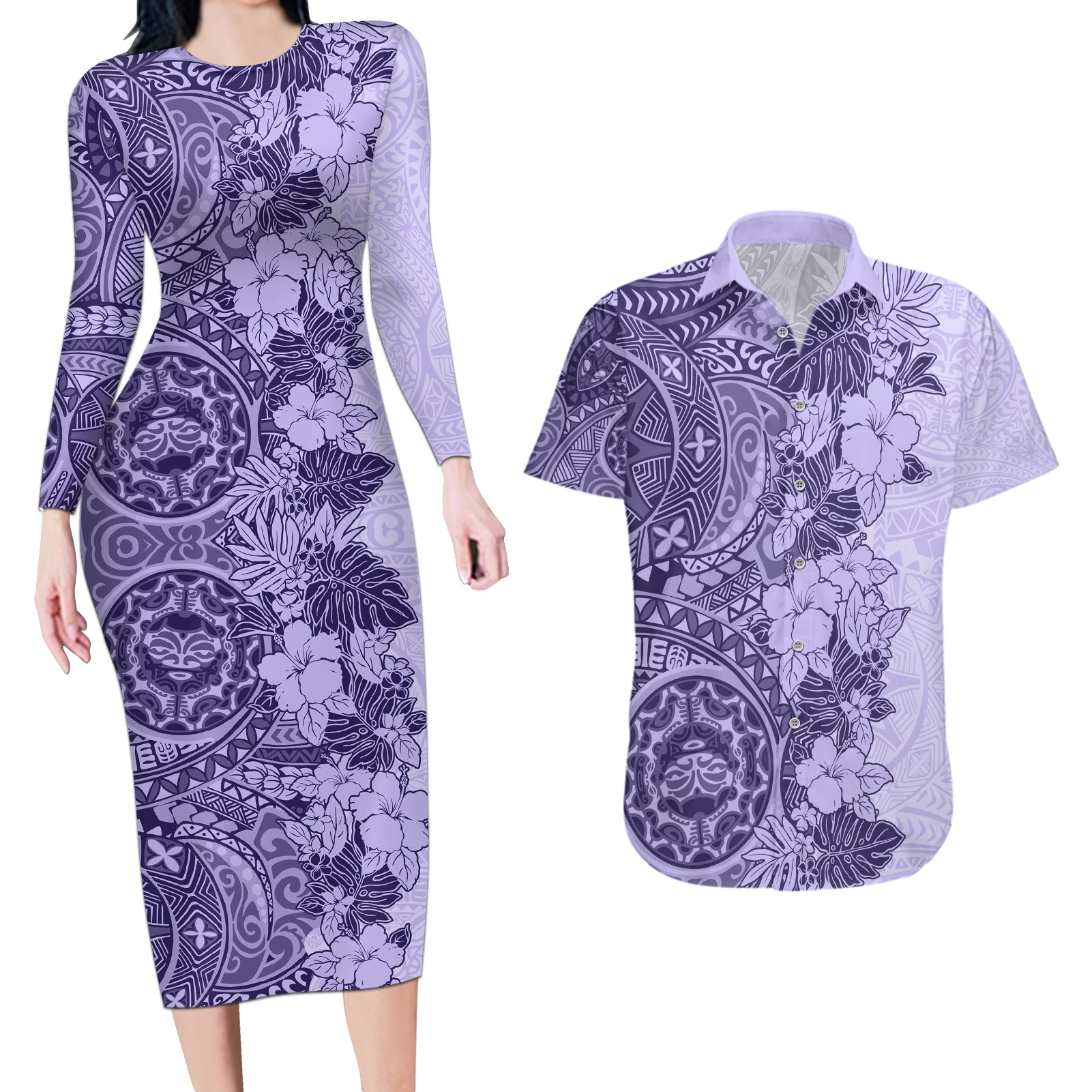 Polynesia Couples Matching Long Sleeve Bodycon Dress and Hawaiian Shirt Hibiscus and Hawaiian Tribal Tattoo Retro Style Violet Color LT9 Violet - Polynesian Pride