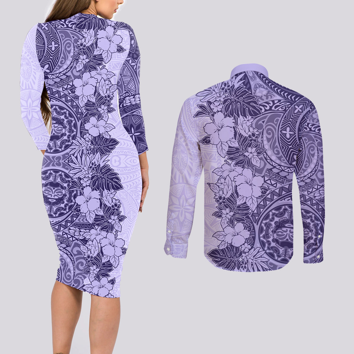 Polynesia Couples Matching Long Sleeve Bodycon Dress and Long Sleeve Button Shirt Hibiscus and Hawaiian Tribal Tattoo Retro Style Violet Color LT9 - Polynesian Pride