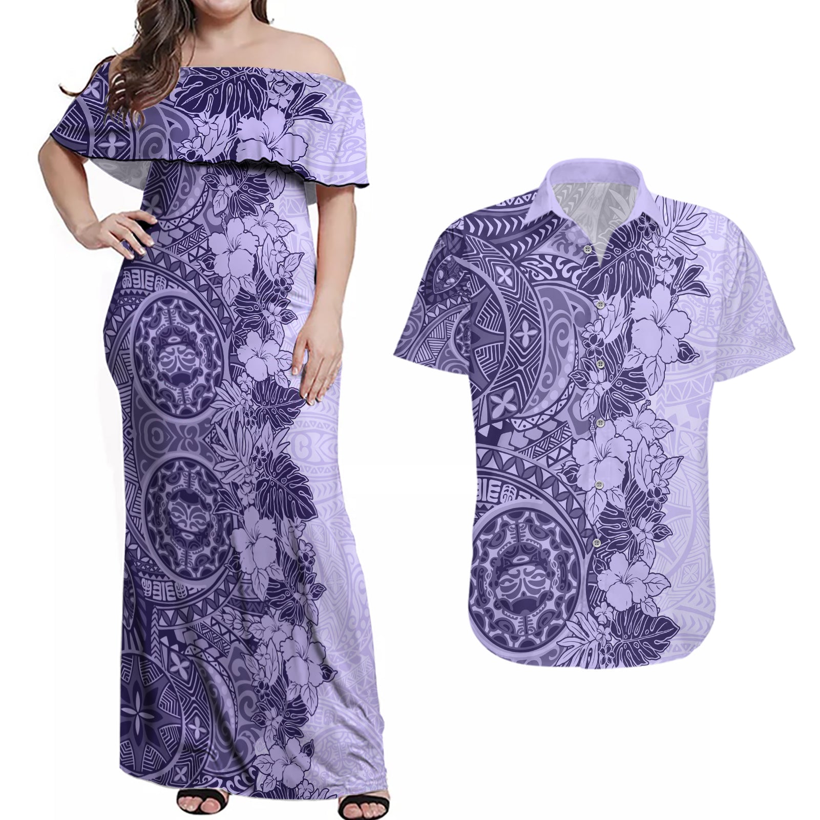 Polynesia Couples Matching Off Shoulder Maxi Dress and Hawaiian Shirt Hibiscus and Hawaiian Tribal Tattoo Retro Style Violet Color LT9 Violet - Polynesian Pride