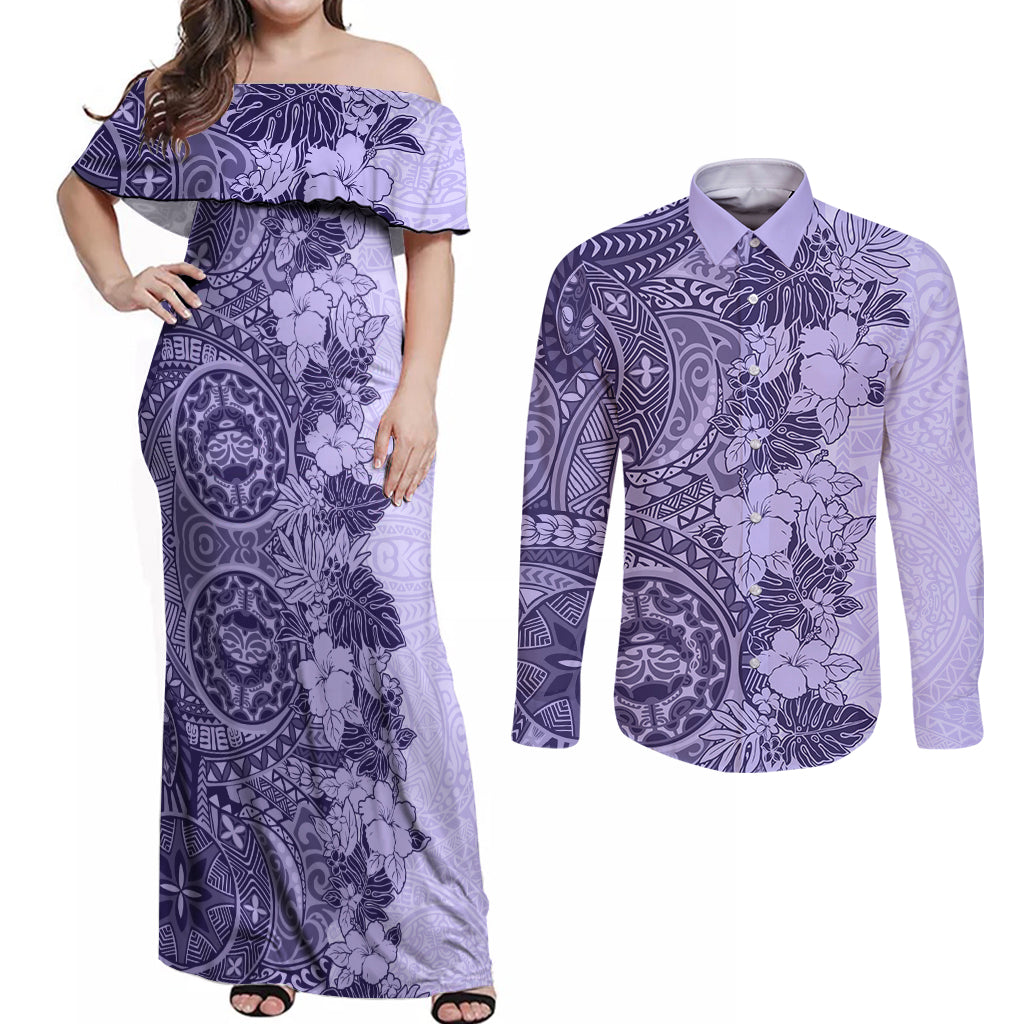 Polynesia Couples Matching Off Shoulder Maxi Dress and Long Sleeve Button Shirt Hibiscus and Hawaiian Tribal Tattoo Retro Style Violet Color LT9 Violet - Polynesian Pride