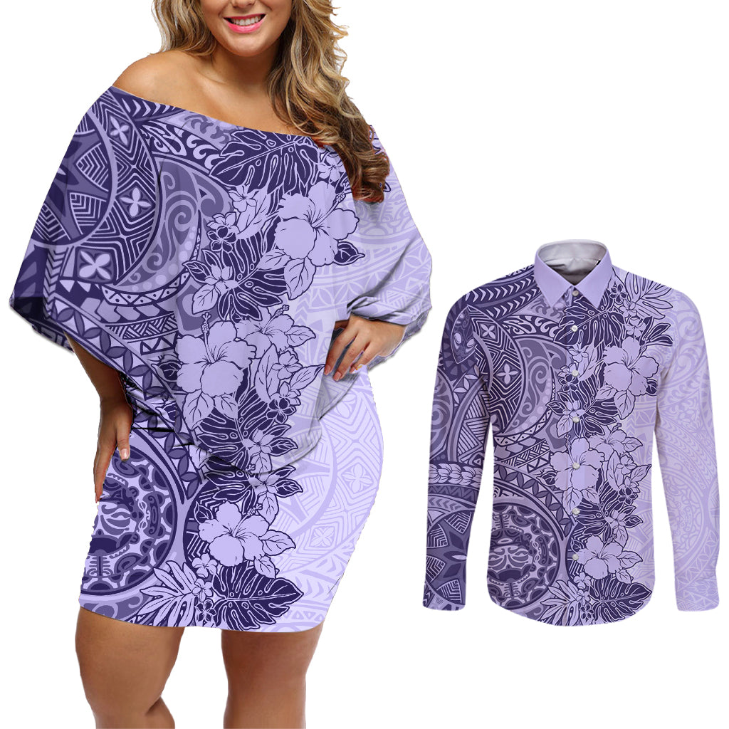 Polynesia Couples Matching Off Shoulder Short Dress and Long Sleeve Button Shirt Hibiscus and Hawaiian Tribal Tattoo Retro Style Violet Color LT9 Violet - Polynesian Pride
