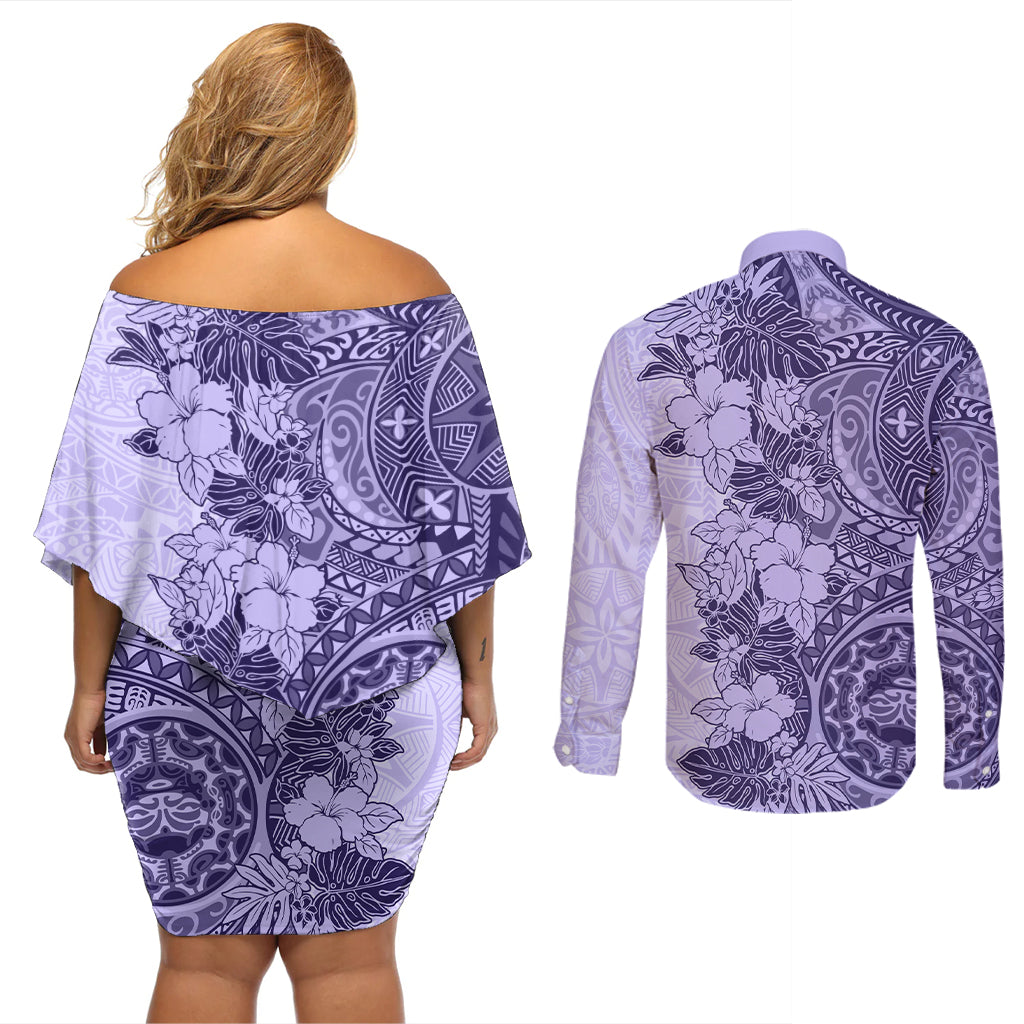 Polynesia Couples Matching Off Shoulder Short Dress and Long Sleeve Button Shirt Hibiscus and Hawaiian Tribal Tattoo Retro Style Violet Color LT9 - Polynesian Pride