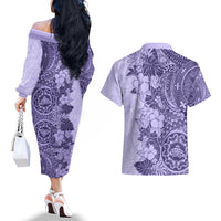 Polynesia Couples Matching Off The Shoulder Long Sleeve Dress and Hawaiian Shirt Hibiscus and Hawaiian Tribal Tattoo Retro Style Violet Color LT9 - Polynesian Pride