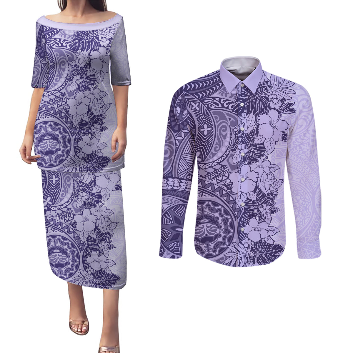 Polynesia Couples Matching Puletasi Dress and Long Sleeve Button Shirt Hibiscus and Hawaiian Tribal Tattoo Retro Style Violet Color LT9 Violet - Polynesian Pride