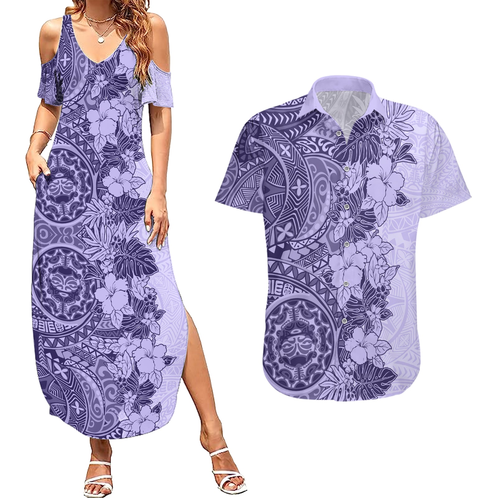 Polynesia Couples Matching Summer Maxi Dress and Hawaiian Shirt Hibiscus and Hawaiian Tribal Tattoo Retro Style Violet Color LT9 Violet - Polynesian Pride