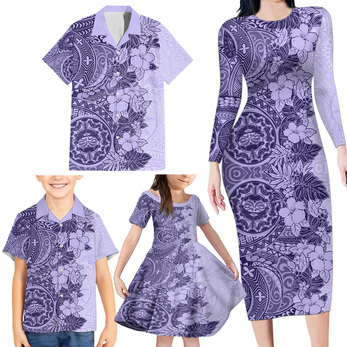 Polynesia Family Matching Long Sleeve Bodycon Dress and Hawaiian Shirt Hibiscus and Hawaiian Tribal Tattoo Retro Style Violet Color LT9 - Polynesian Pride