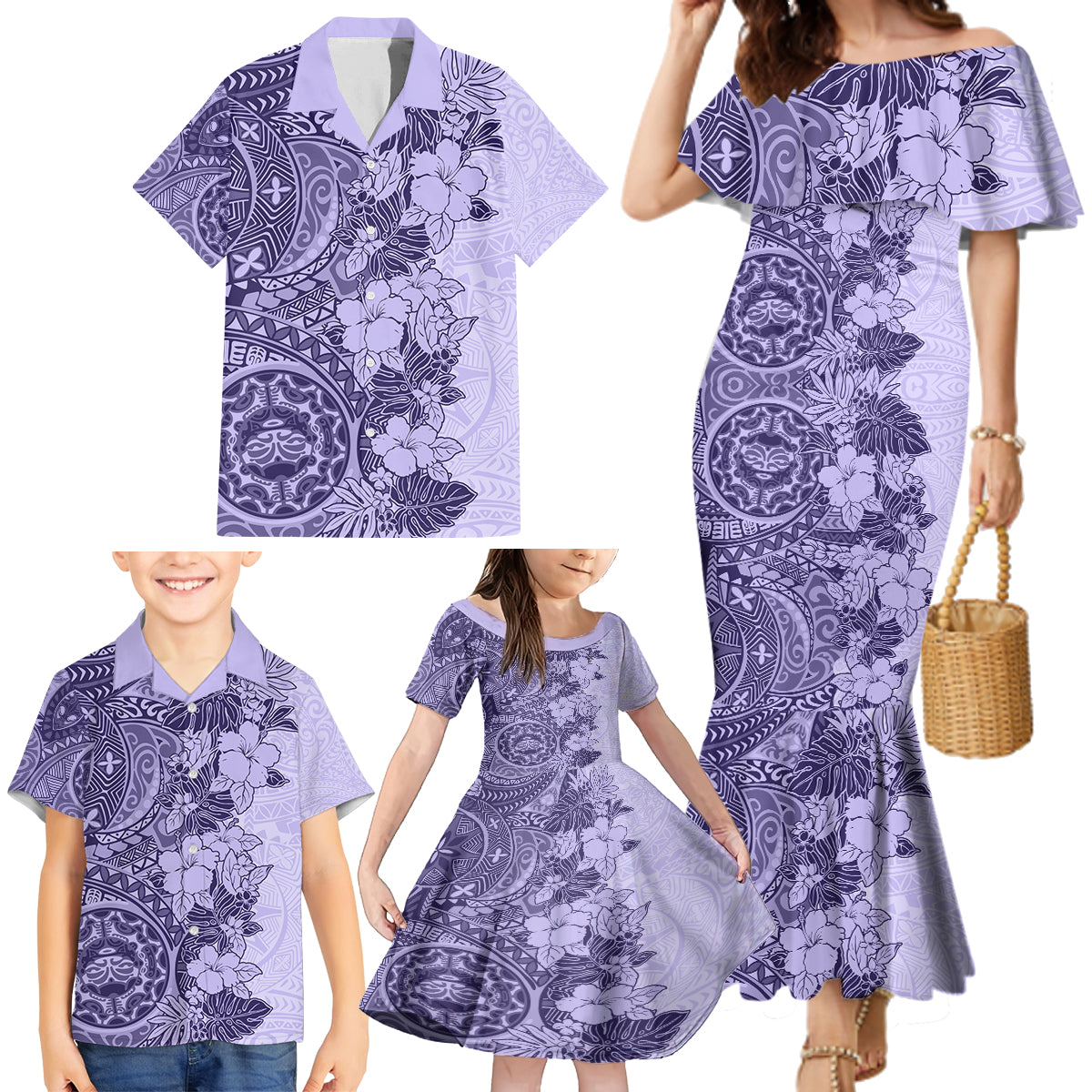 Polynesia Family Matching Mermaid Dress and Hawaiian Shirt Hibiscus and Hawaiian Tribal Tattoo Retro Style Violet Color LT9 - Polynesian Pride