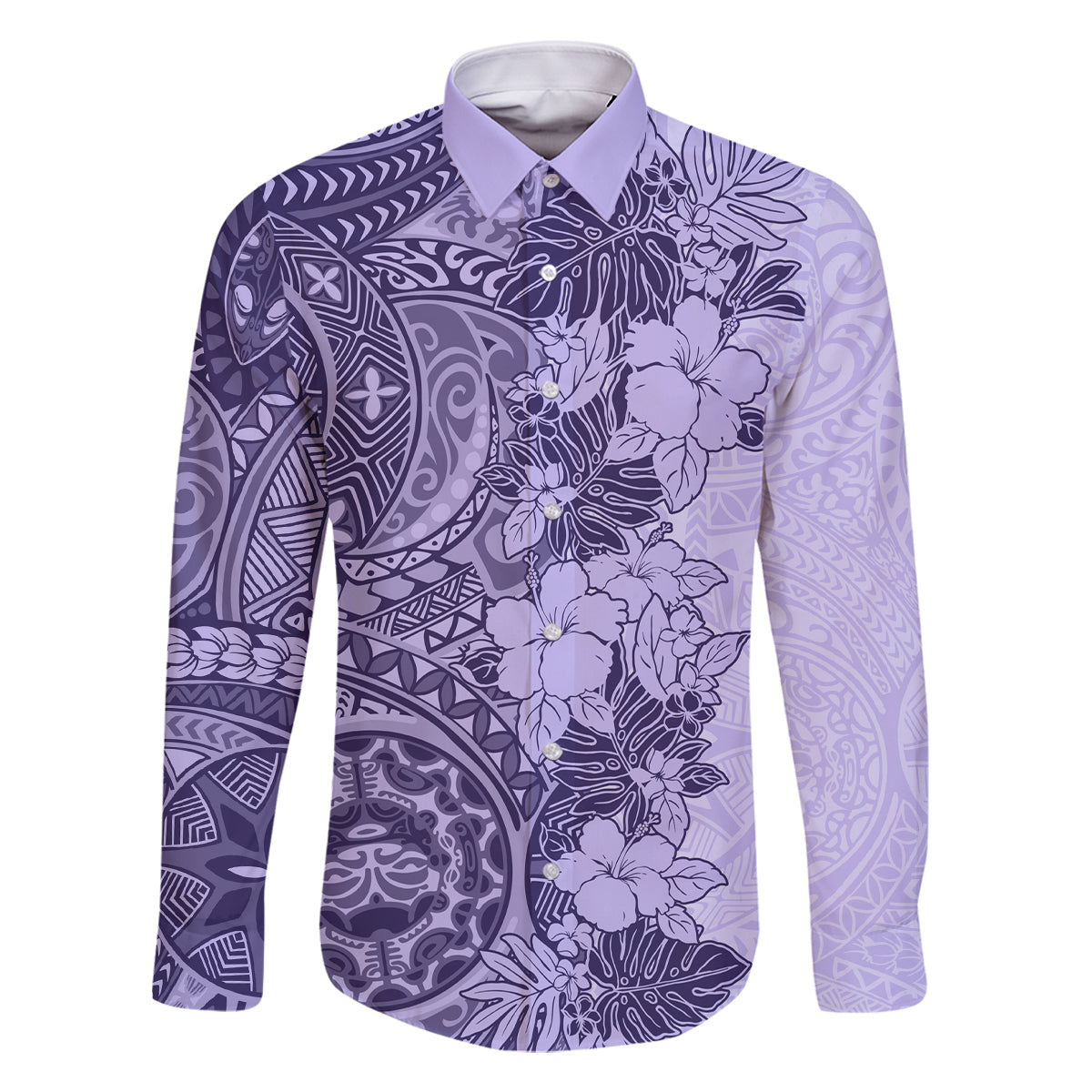Polynesia Family Matching Mermaid Dress and Hawaiian Shirt Hibiscus and Hawaiian Tribal Tattoo Retro Style Violet Color LT9 Dad's Shirt - Long Sleeve Violet - Polynesian Pride