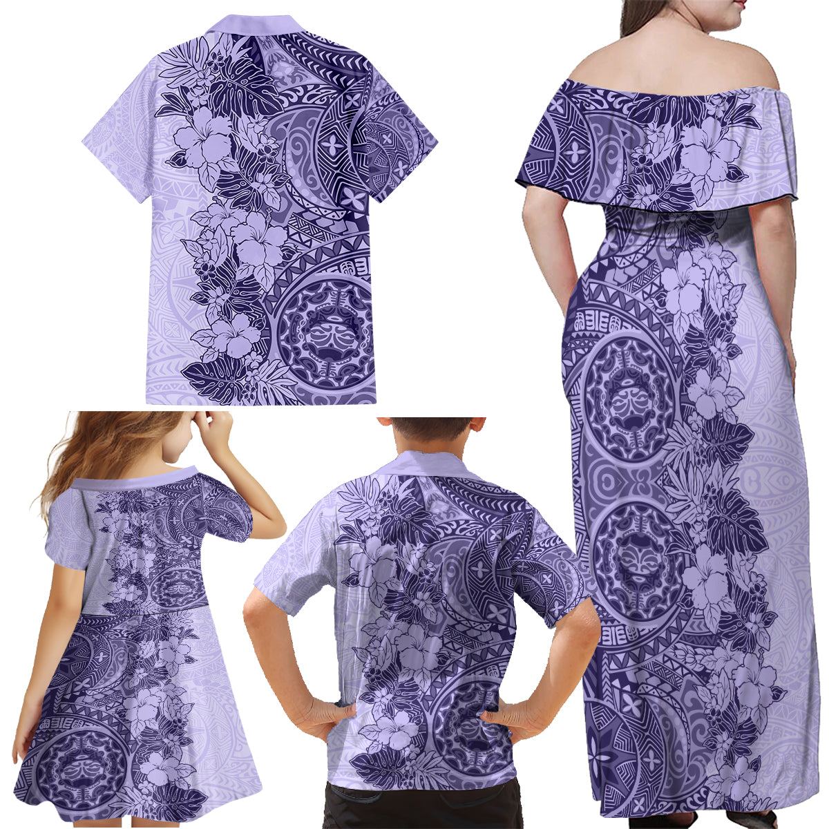Polynesia Family Matching Off Shoulder Maxi Dress and Hawaiian Shirt Hibiscus and Hawaiian Tribal Tattoo Retro Style Violet Color LT9 - Polynesian Pride