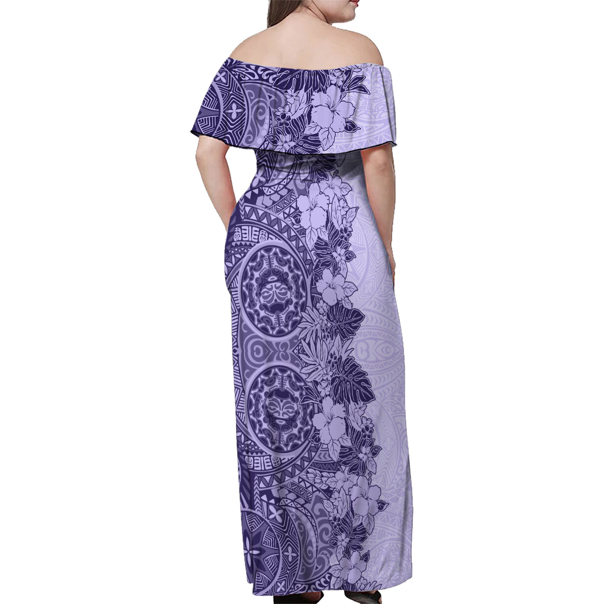 Polynesia Family Matching Off Shoulder Maxi Dress and Hawaiian Shirt Hibiscus and Hawaiian Tribal Tattoo Retro Style Violet Color LT9 - Polynesian Pride