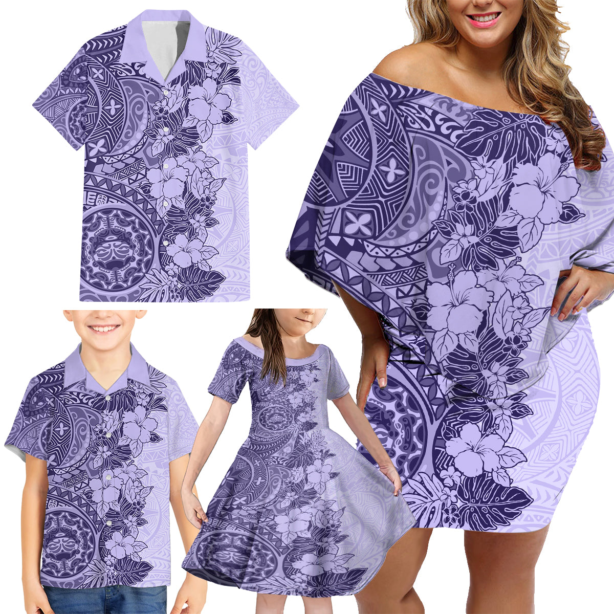 Polynesia Family Matching Off Shoulder Short Dress and Hawaiian Shirt Hibiscus and Hawaiian Tribal Tattoo Retro Style Violet Color LT9 - Polynesian Pride