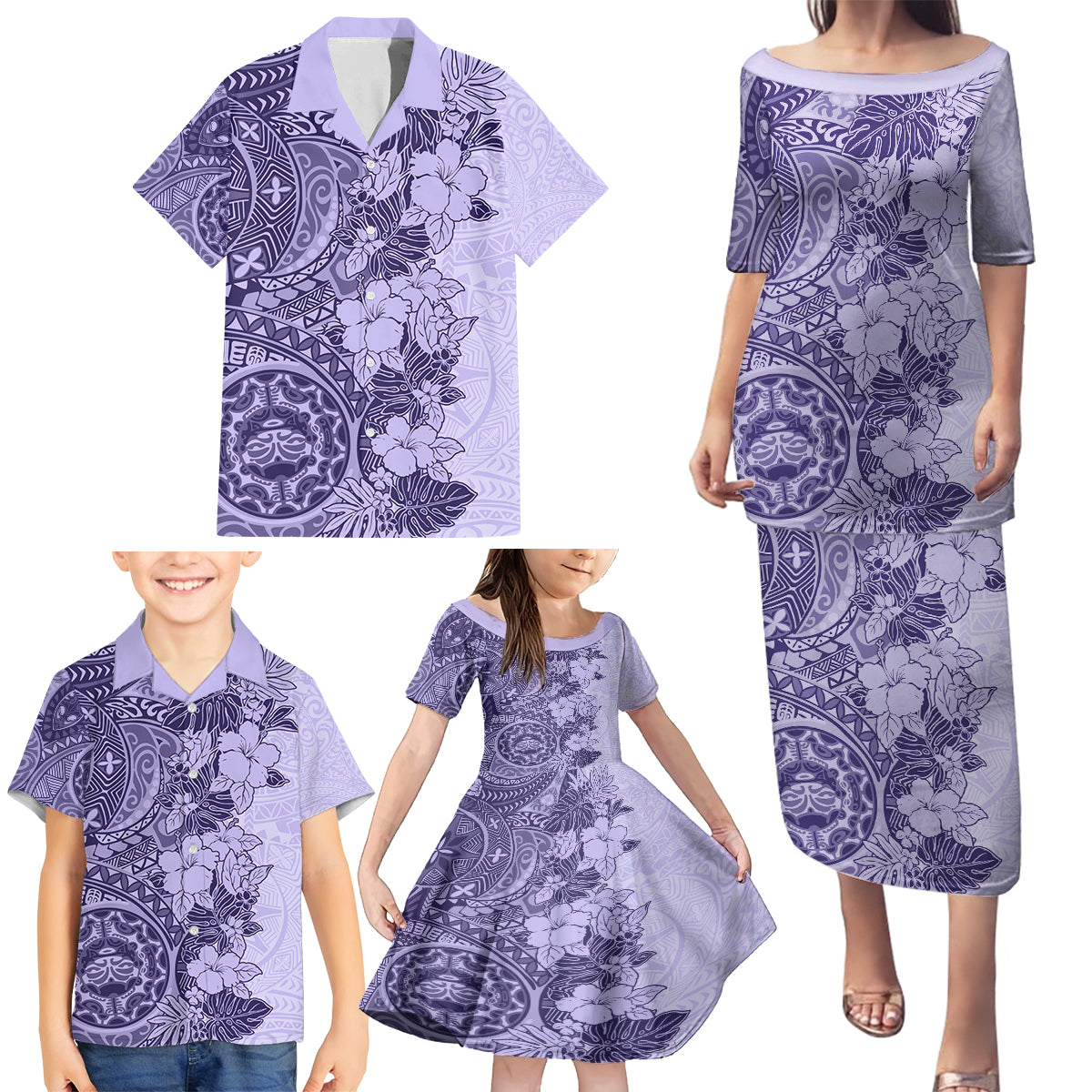 Polynesia Family Matching Puletasi Dress and Hawaiian Shirt Hibiscus and Hawaiian Tribal Tattoo Retro Style Violet Color LT9 - Polynesian Pride