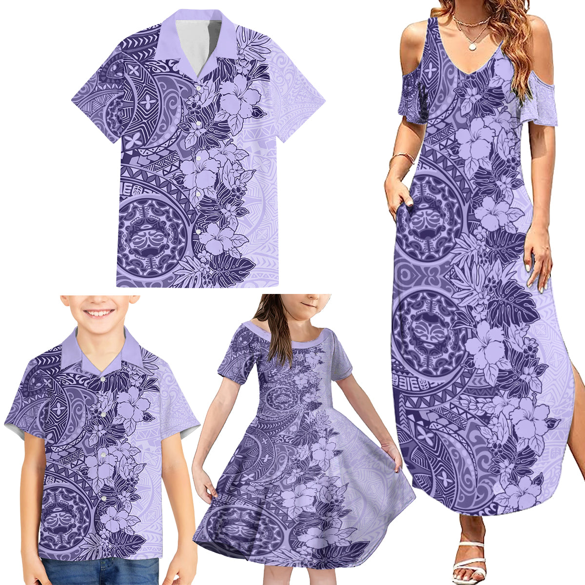 Polynesia Family Matching Summer Maxi Dress and Hawaiian Shirt Hibiscus and Hawaiian Tribal Tattoo Retro Style Violet Color LT9 - Polynesian Pride