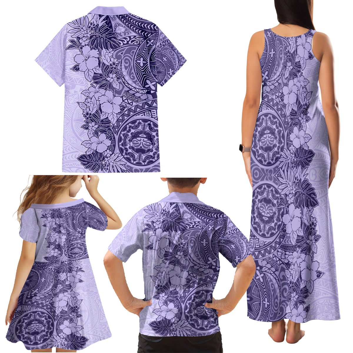 Polynesia Family Matching Tank Maxi Dress and Hawaiian Shirt Hibiscus and Hawaiian Tribal Tattoo Retro Style Violet Color LT9 - Polynesian Pride