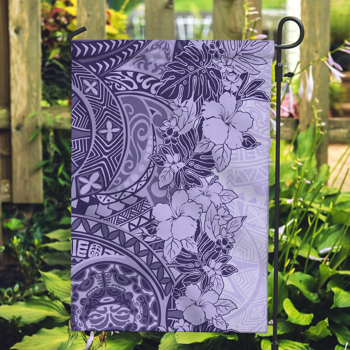 Polynesia Garden Flag Hibiscus and Hawaiian Tribal Tattoo Retro Style Violet Color LT9 Garden Flag Violet - Polynesian Pride