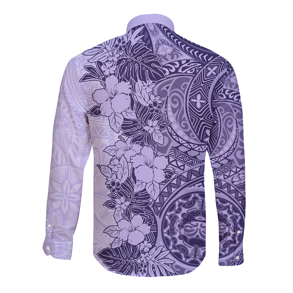 Polynesia Long Sleeve Button Shirt Hibiscus and Hawaiian Tribal Tattoo Retro Style Violet Color LT9 - Polynesian Pride