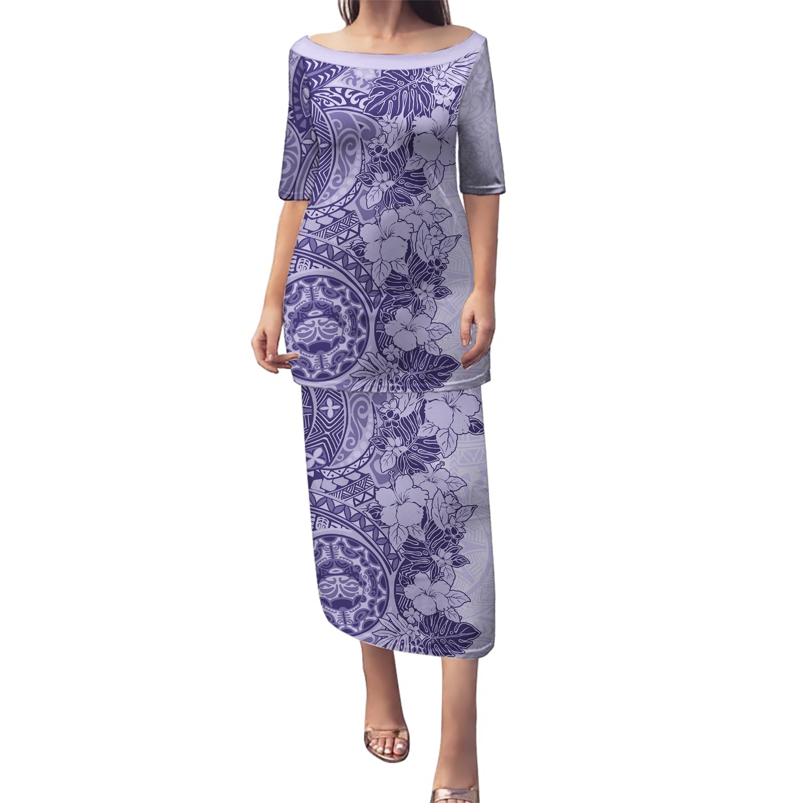 Polynesia Puletasi Hibiscus and Hawaiian Tribal Tattoo Retro Style Violet Color LT9 Long Dress Violet - Polynesian Pride