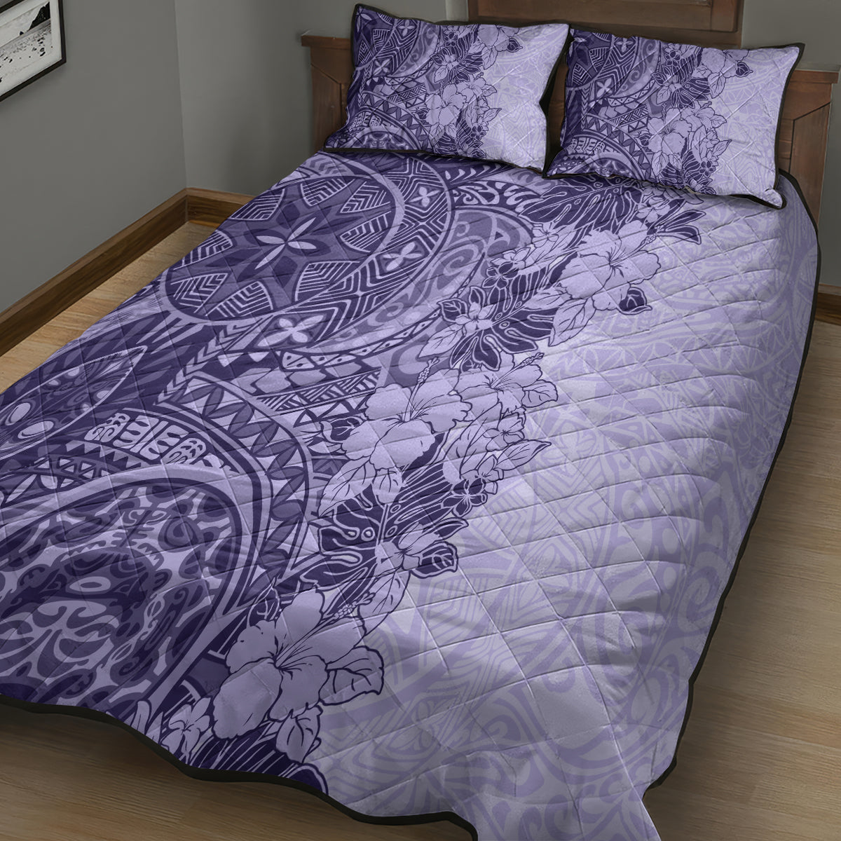 Polynesia Quilt Bed Set Hibiscus and Hawaiian Tribal Tattoo Retro Style Violet Color LT9 - Polynesian Pride