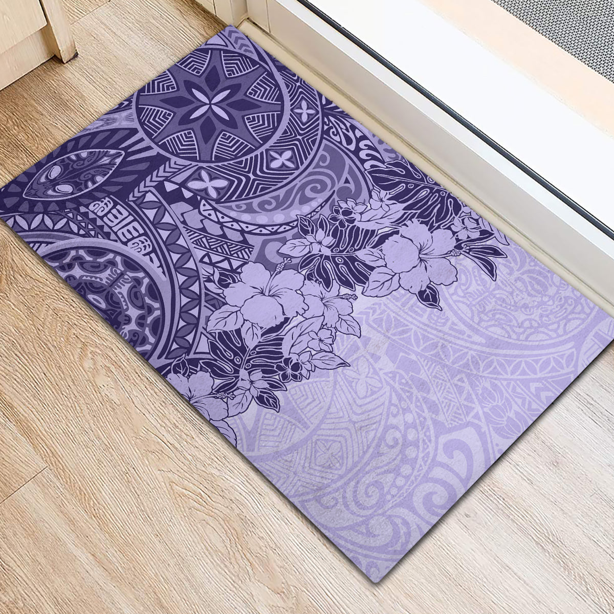 Polynesia Rubber Doormat Hibiscus and Hawaiian Tribal Tattoo Retro Style Violet Color LT9 - Polynesian Pride