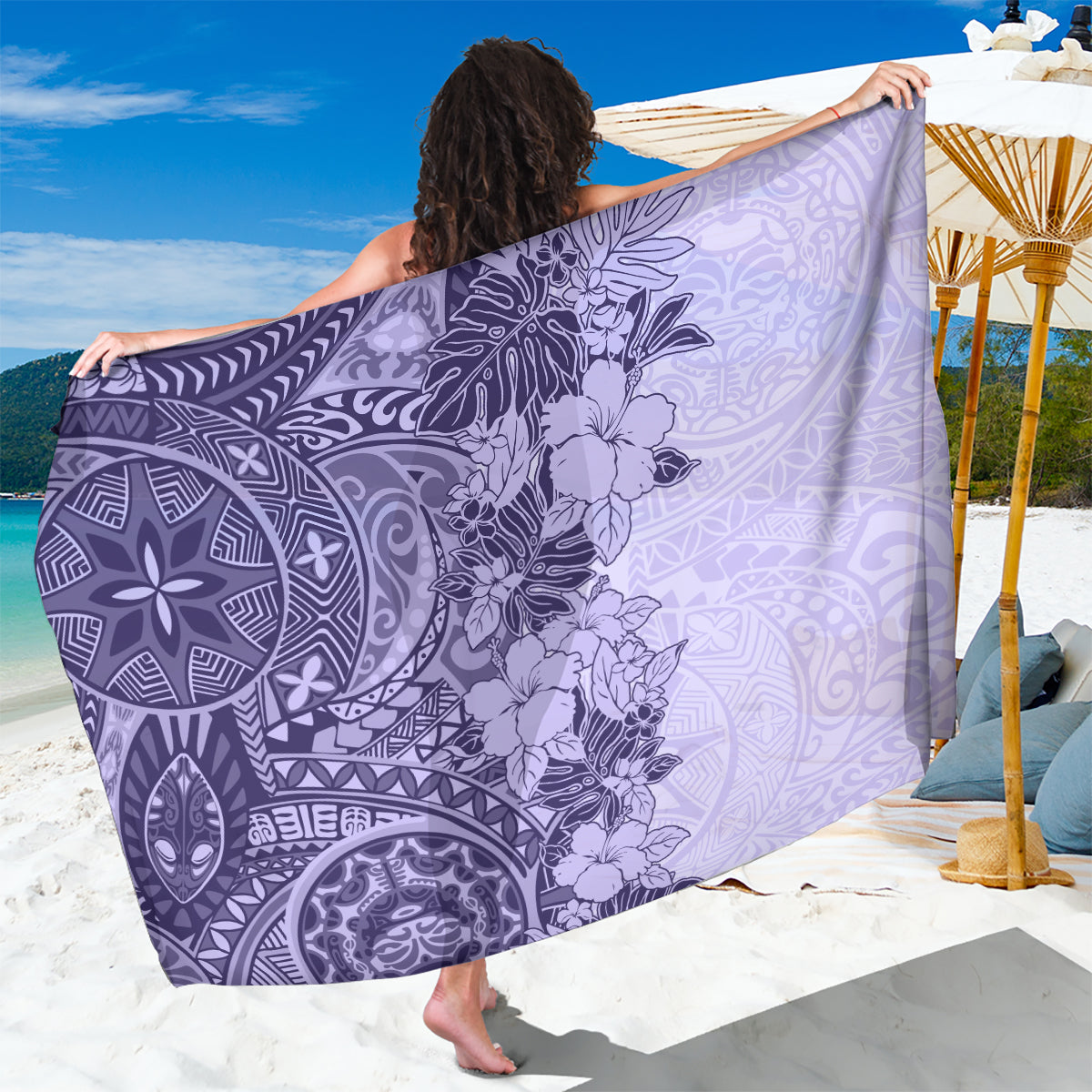 Polynesia Sarong Hibiscus and Hawaiian Tribal Tattoo Retro Style Violet Color LT9 One Size 44 x 66 inches Violet - Polynesian Pride