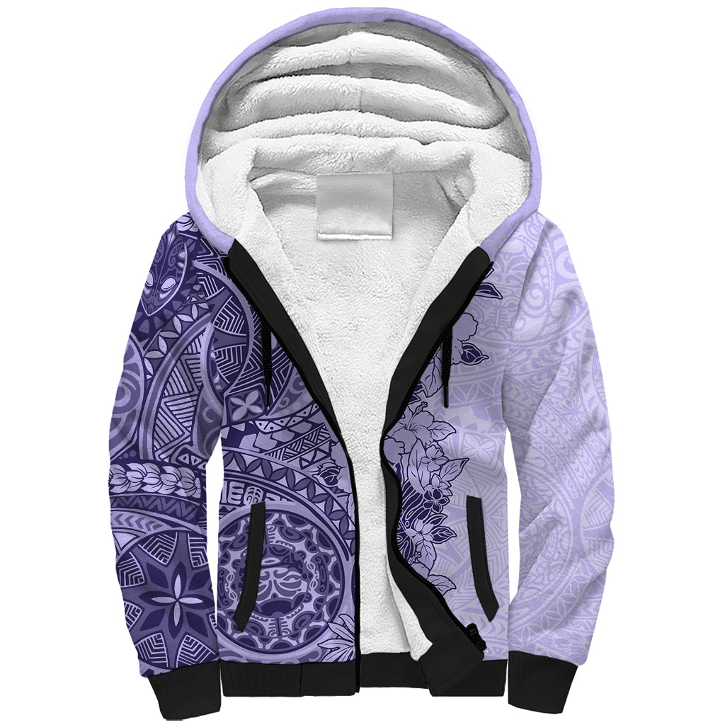 Polynesia Sherpa Hoodie Hibiscus and Hawaiian Tribal Tattoo Retro Style Violet Color LT9 Unisex Violet - Polynesian Pride