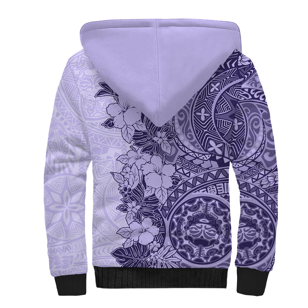 Polynesia Sherpa Hoodie Hibiscus and Hawaiian Tribal Tattoo Retro Style Violet Color LT9 - Polynesian Pride