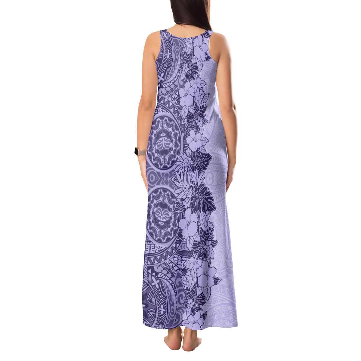 Polynesia Tank Maxi Dress Hibiscus and Hawaiian Tribal Tattoo Retro Style Violet Color LT9 - Polynesian Pride