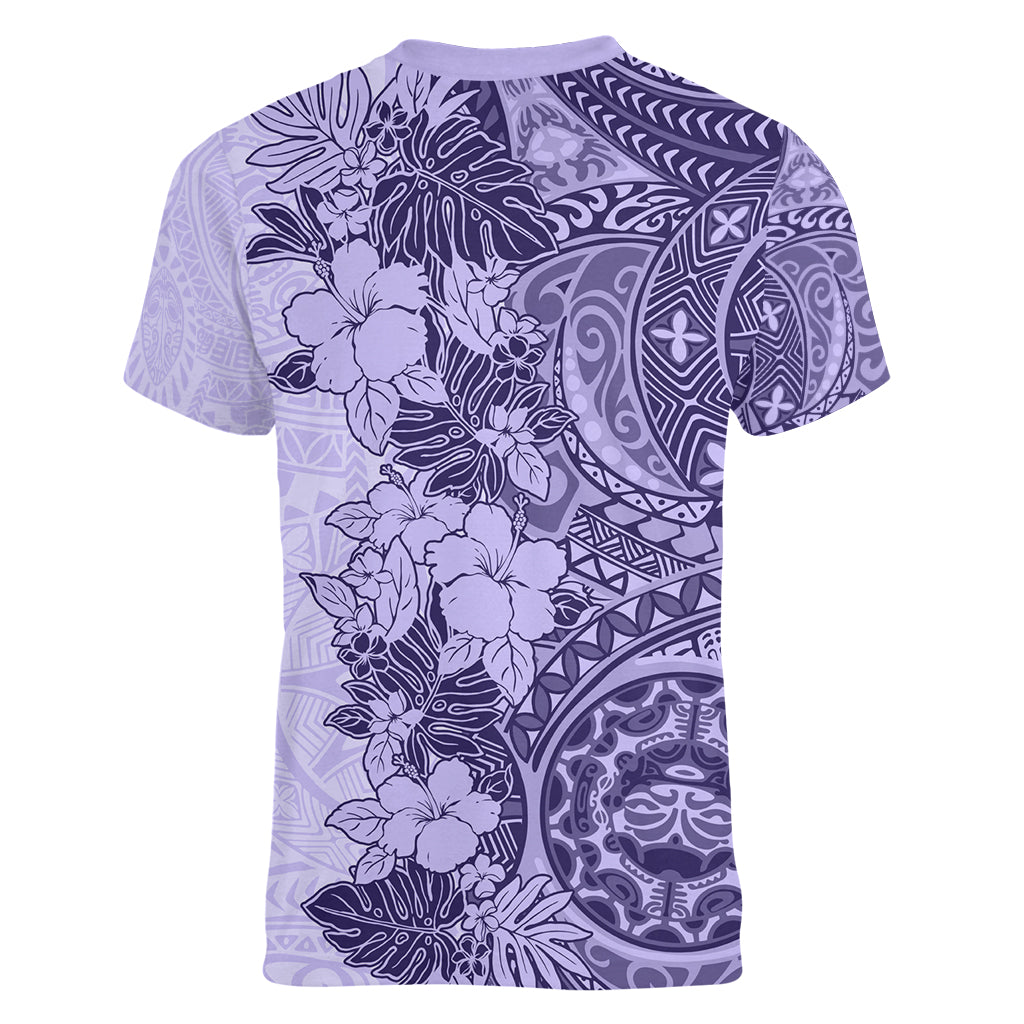 Polynesia Women V Neck T Shirt Hibiscus and Hawaiian Tribal Tattoo Retro Style Violet Color LT9 - Polynesian Pride