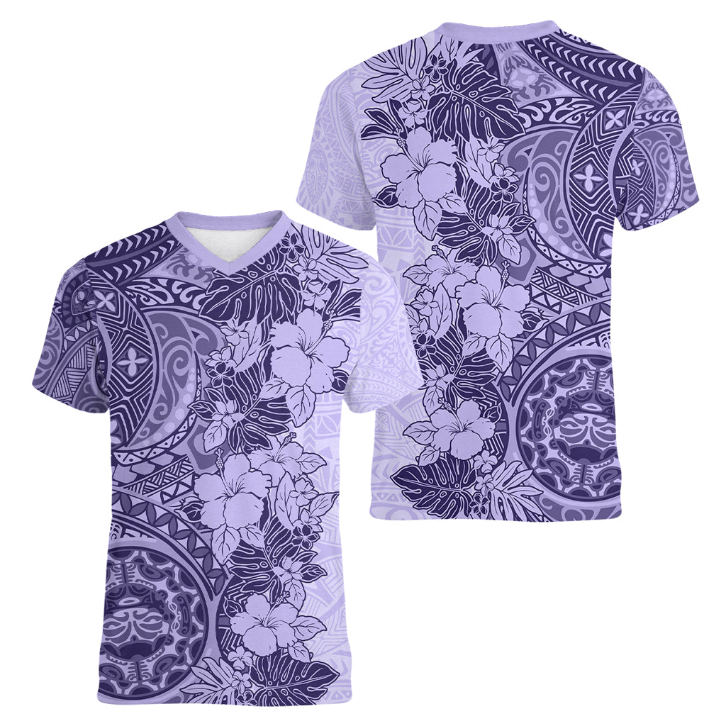 Polynesia Women V Neck T Shirt Hibiscus and Hawaiian Tribal Tattoo Retro Style Violet Color LT9 - Polynesian Pride