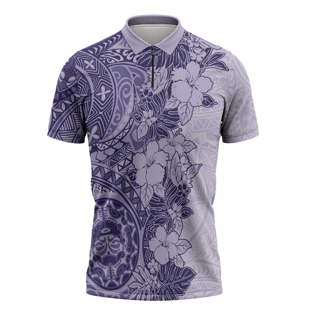 Polynesia Zipper Polo Shirt Hibiscus Hawaiian Tribal Tattoo Retro Violet - Polynesian Pride