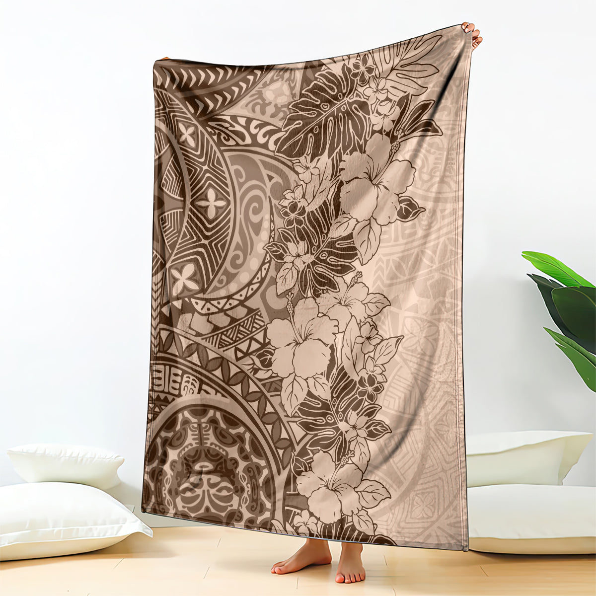 Polynesia Blanket Hibiscus and Hawaiian Tribal Tattoo Retro Style Pink Pastel LT9 Pink Pastel - Polynesian Pride